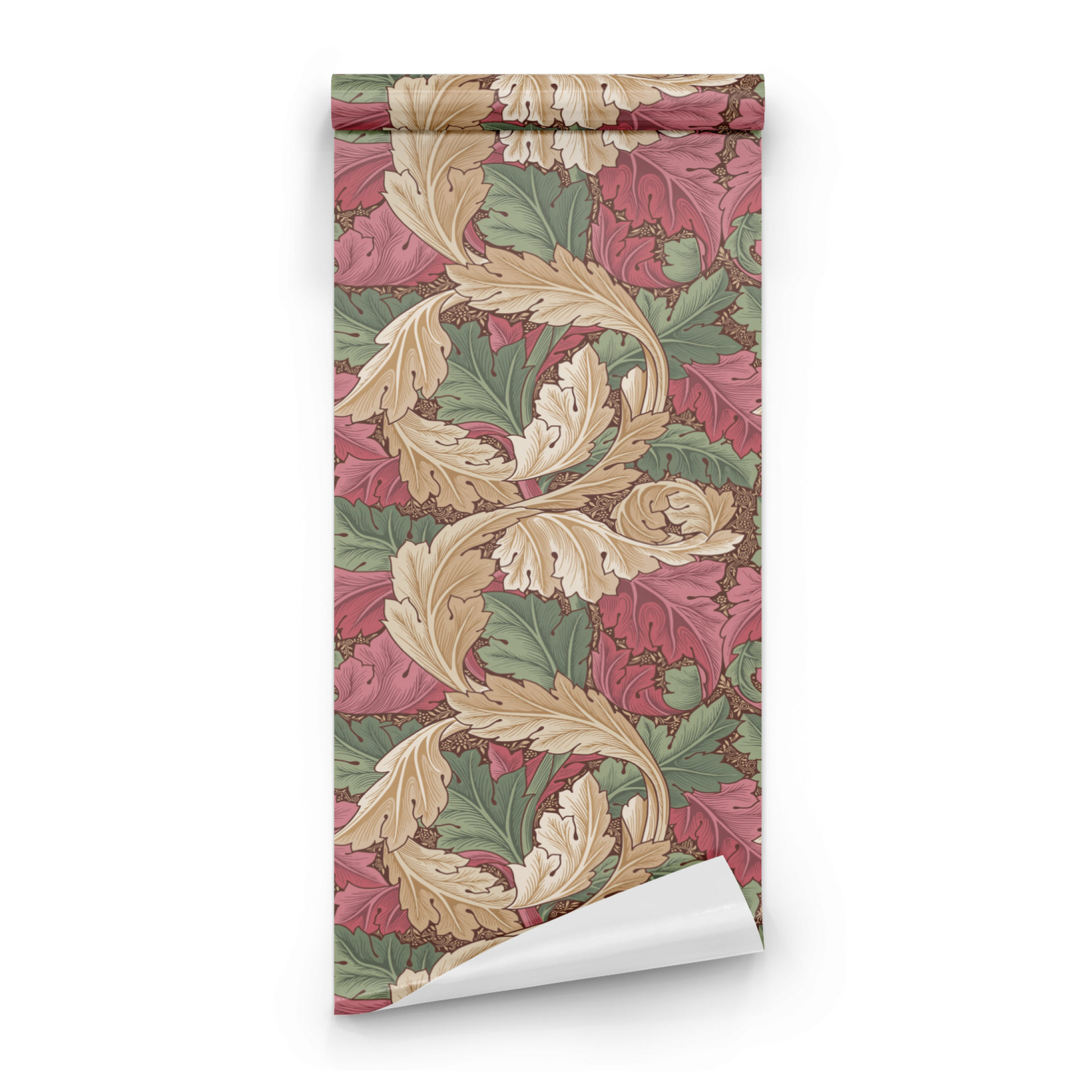 Red Botanical Wallpaper roll preview showing the acanthus drawing in close deep heritage red Morris detail