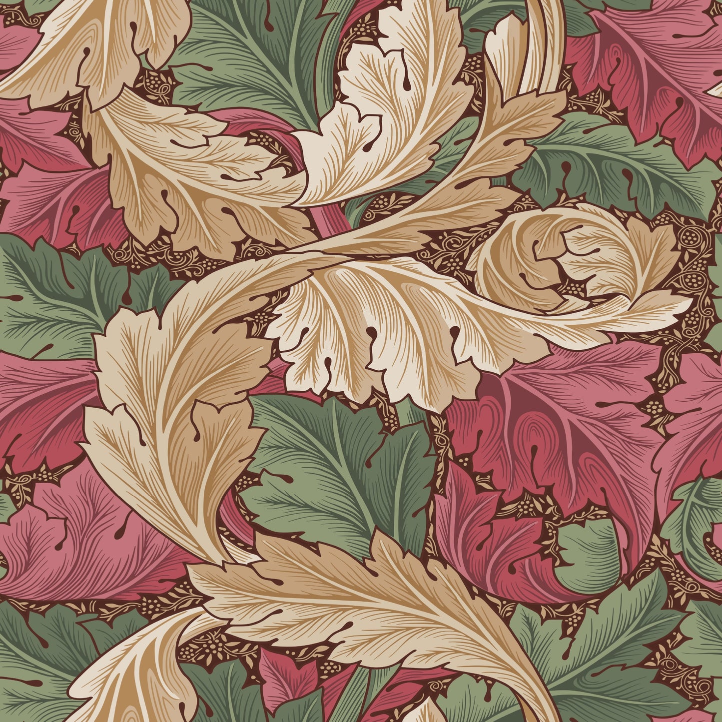 Red Botanical Wallpaper tile preview with the acanthus pattern laid out across panels in deep heritage red Morris handling