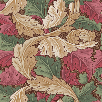 Red Botanical Wallpaper tile preview with the acanthus pattern laid out across panels in deep heritage red Morris handling