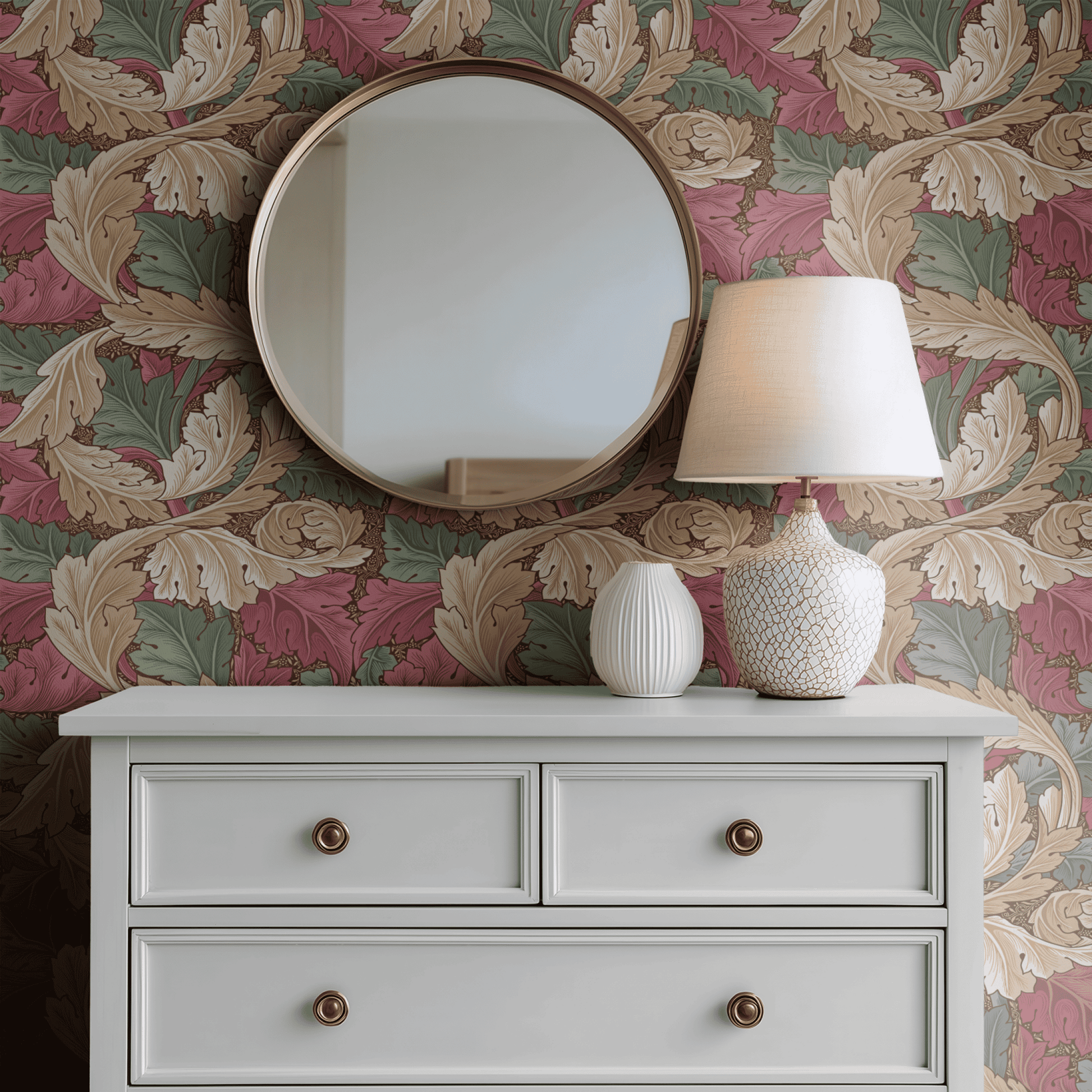 Red Botanical Wallpaper shown in a second interior with the heritage red acanthus reading as theatrical Morris dining-room decoration