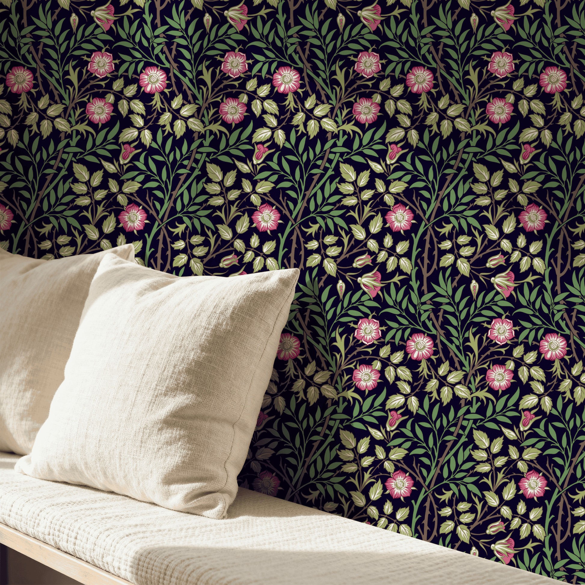 Green Floral Wallpaper installed in a room interior with the Morris sweet briar rose design in moody dark botanical Victorian palette