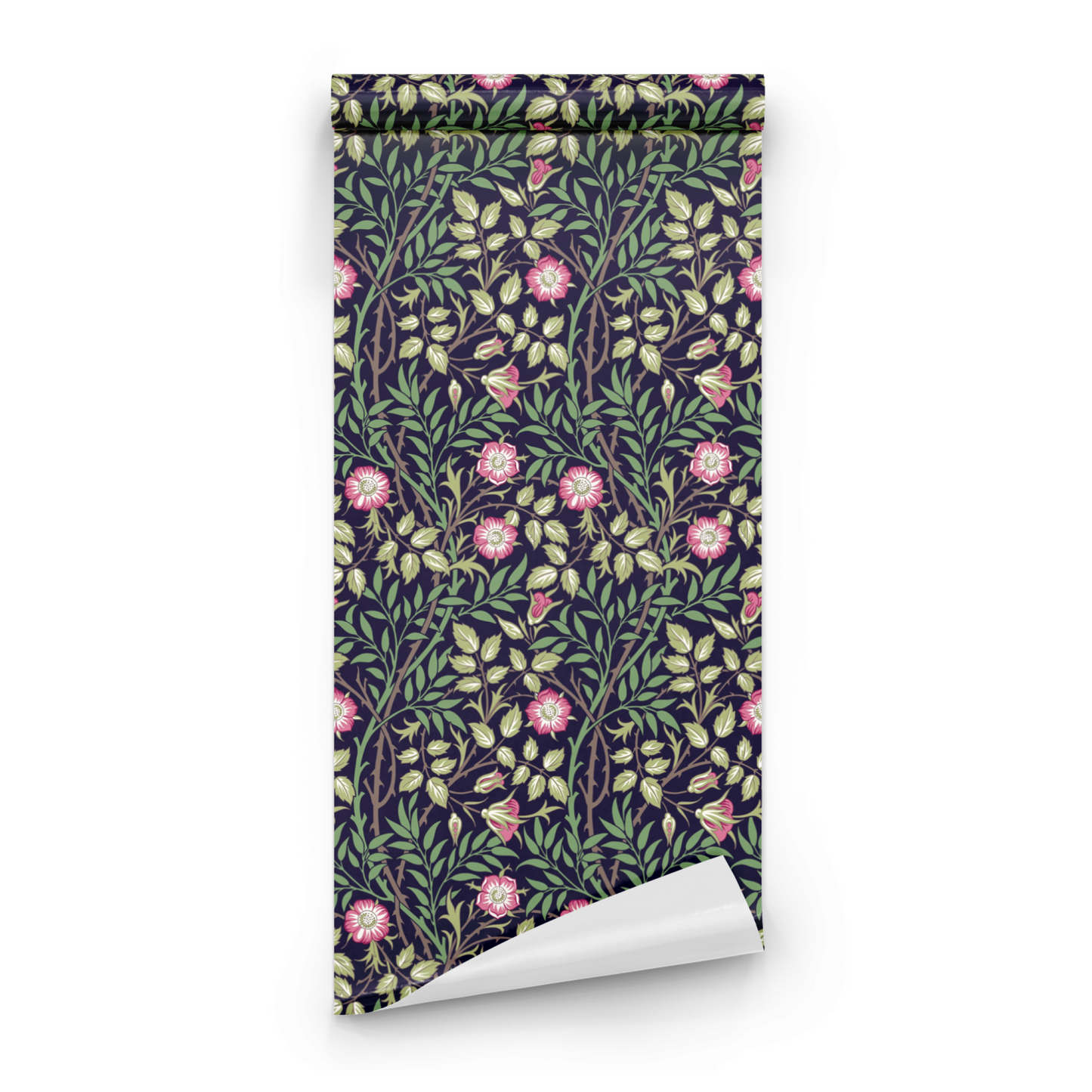 Green Floral Wallpaper roll close-up showing the sweet briar drawing in close dark botanical Victorian Morris detail