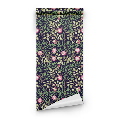 Green Floral Wallpaper roll close-up showing the sweet briar drawing in close dark botanical Victorian Morris detail