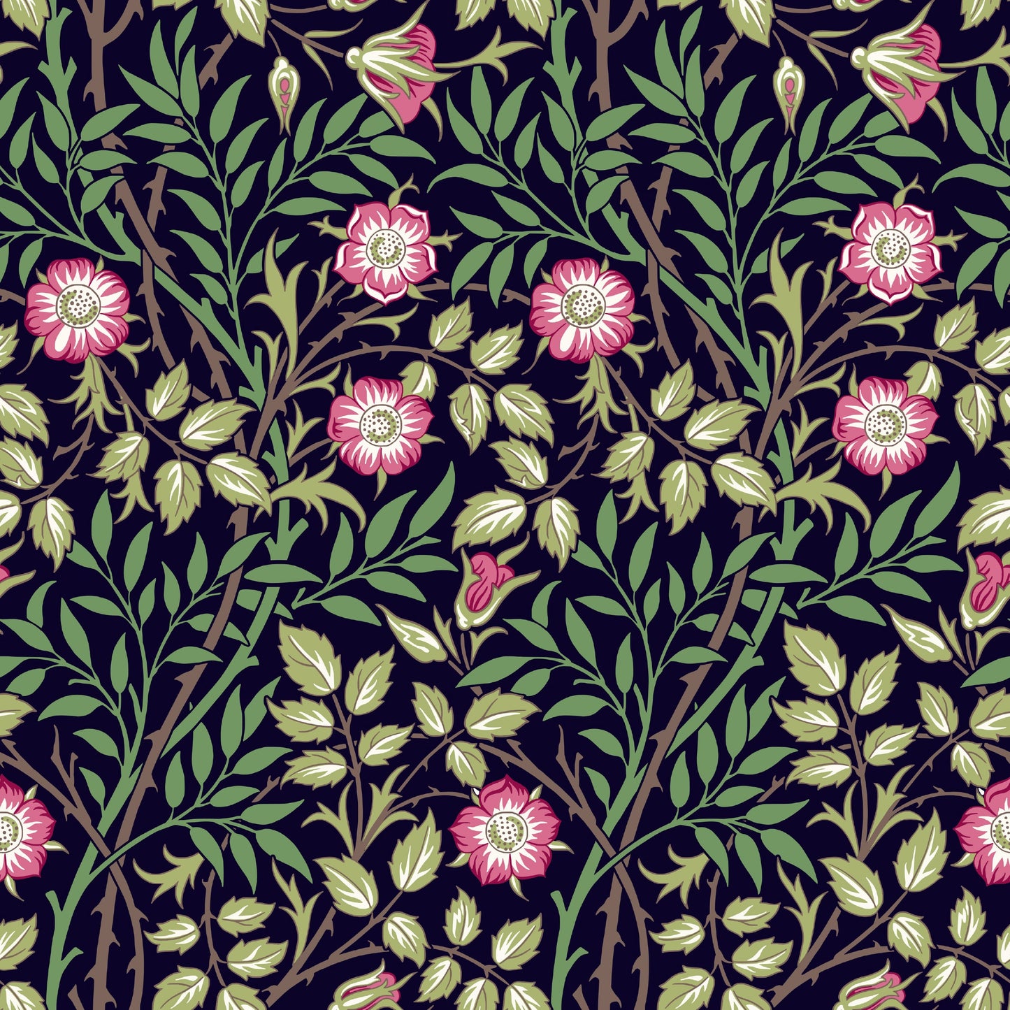 Green Floral Wallpaper tile preview with the sweet briar pattern laid out across panels in dark botanical Victorian Morris handling