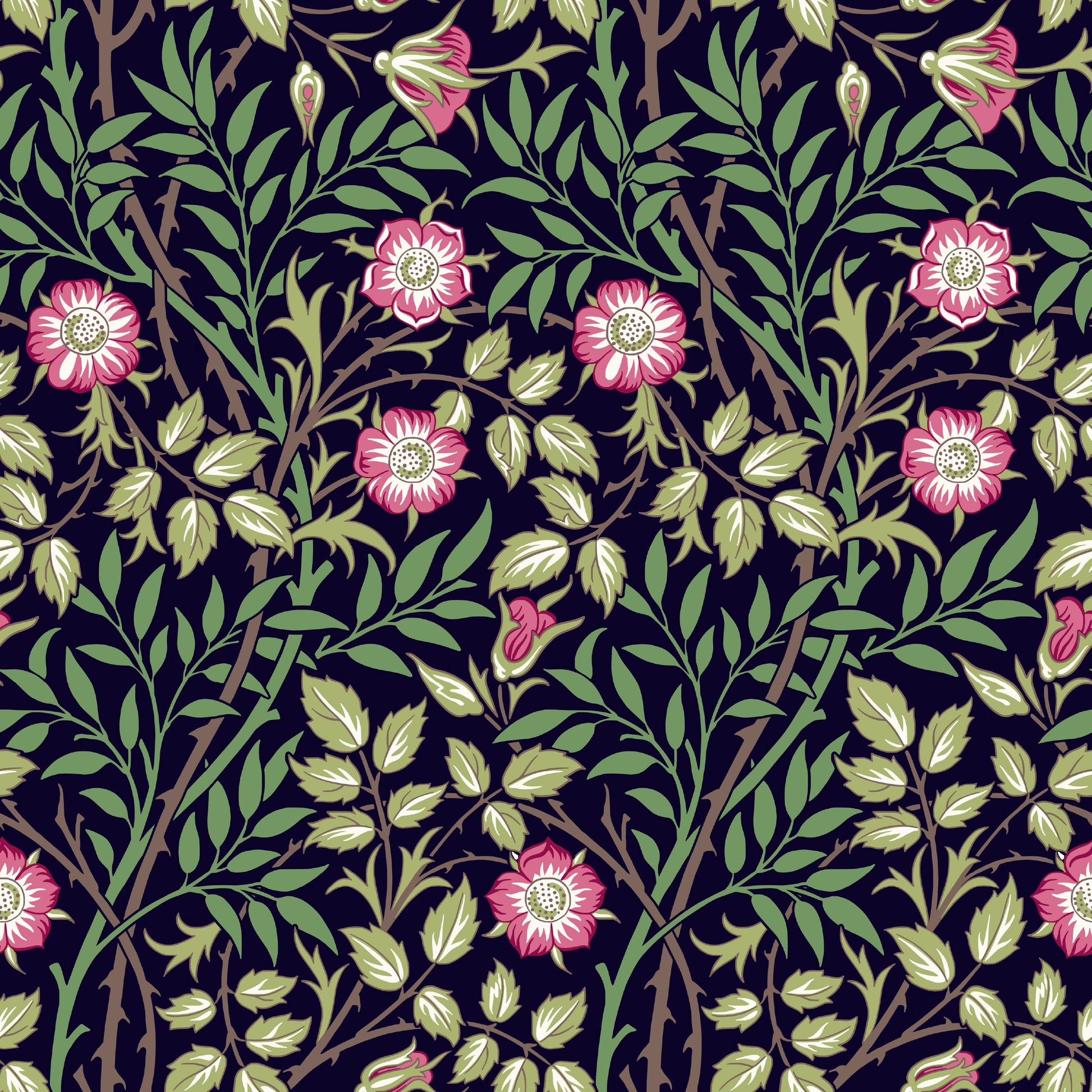 Green Floral Wallpaper tile preview with the sweet briar pattern laid out across panels in dark botanical Victorian Morris handling