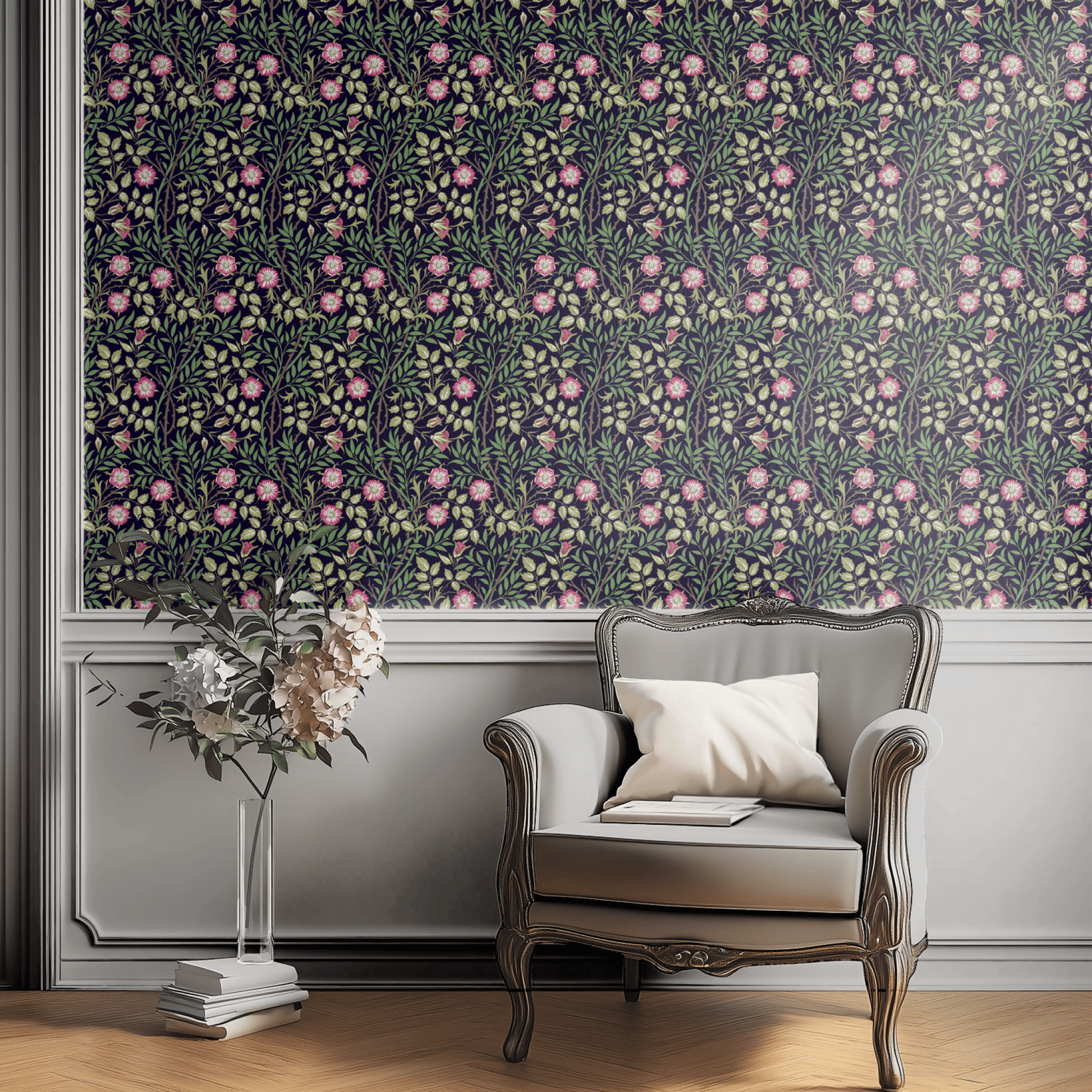 Green Floral Wallpaper shown in a second room with the dark Sweet Briar reading as atmospheric moody Morris decoration