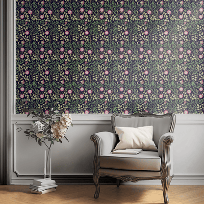Green Floral Wallpaper shown in a second room with the dark Sweet Briar reading as atmospheric moody Morris decoration
