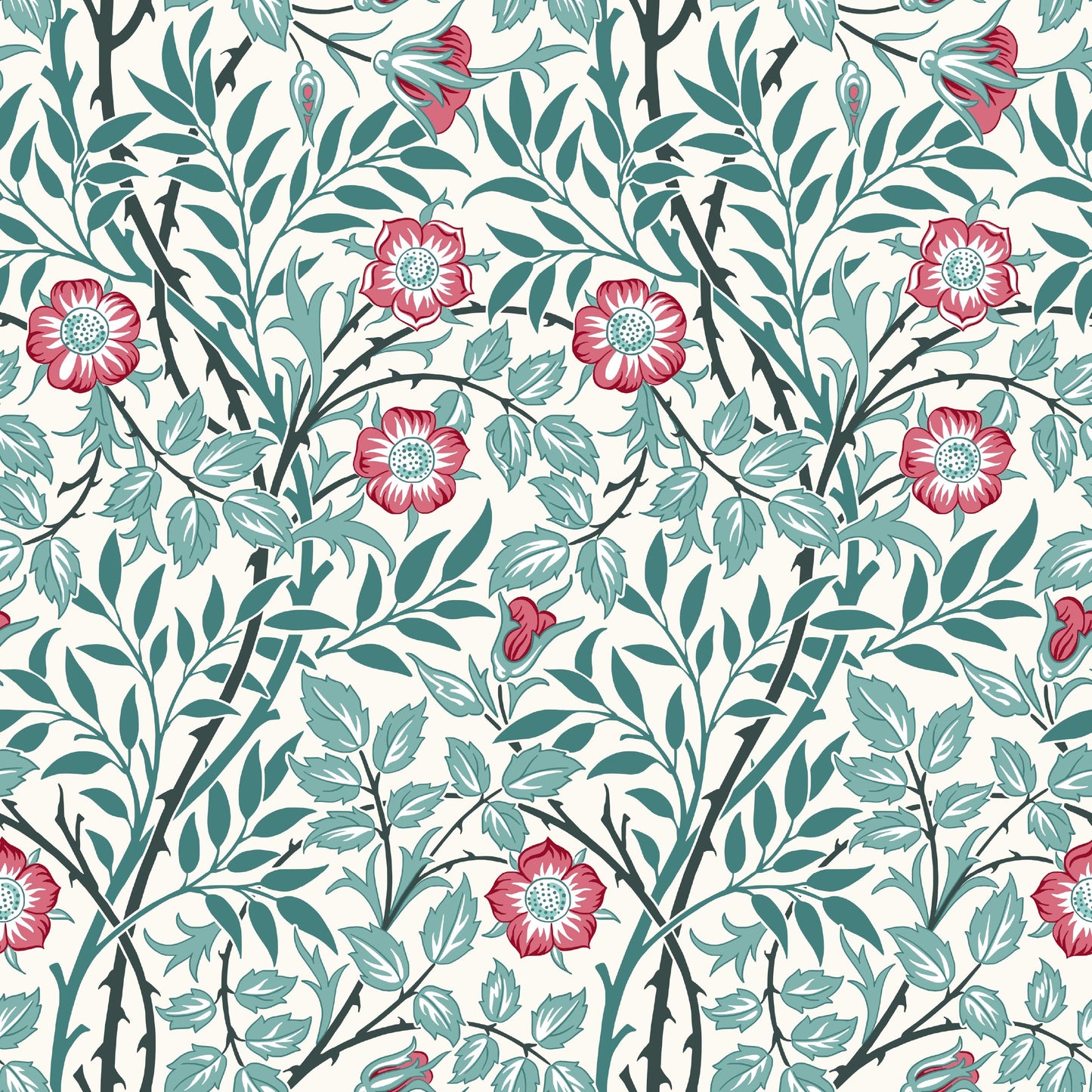 Red Floral Wallpaper roll preview showing the sweet briar drawing in close warm light Victorian Morris detail