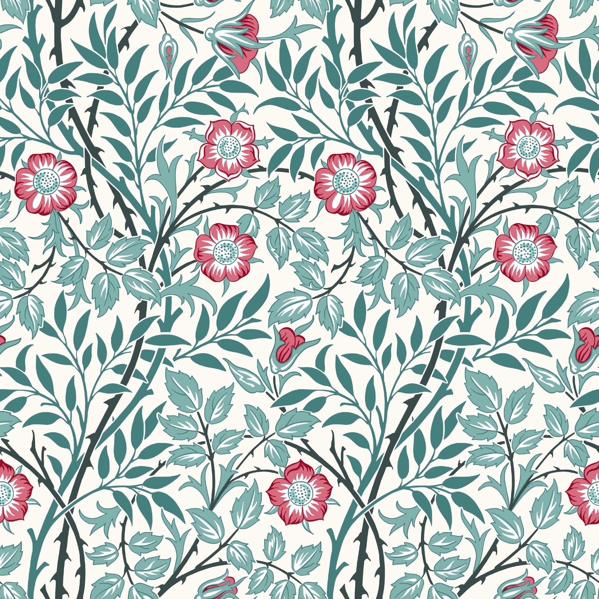 Red Floral Wallpaper roll preview showing the sweet briar drawing in close warm light Victorian Morris detail