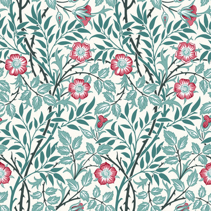 Red Floral Wallpaper roll preview showing the sweet briar drawing in close warm light Victorian Morris detail