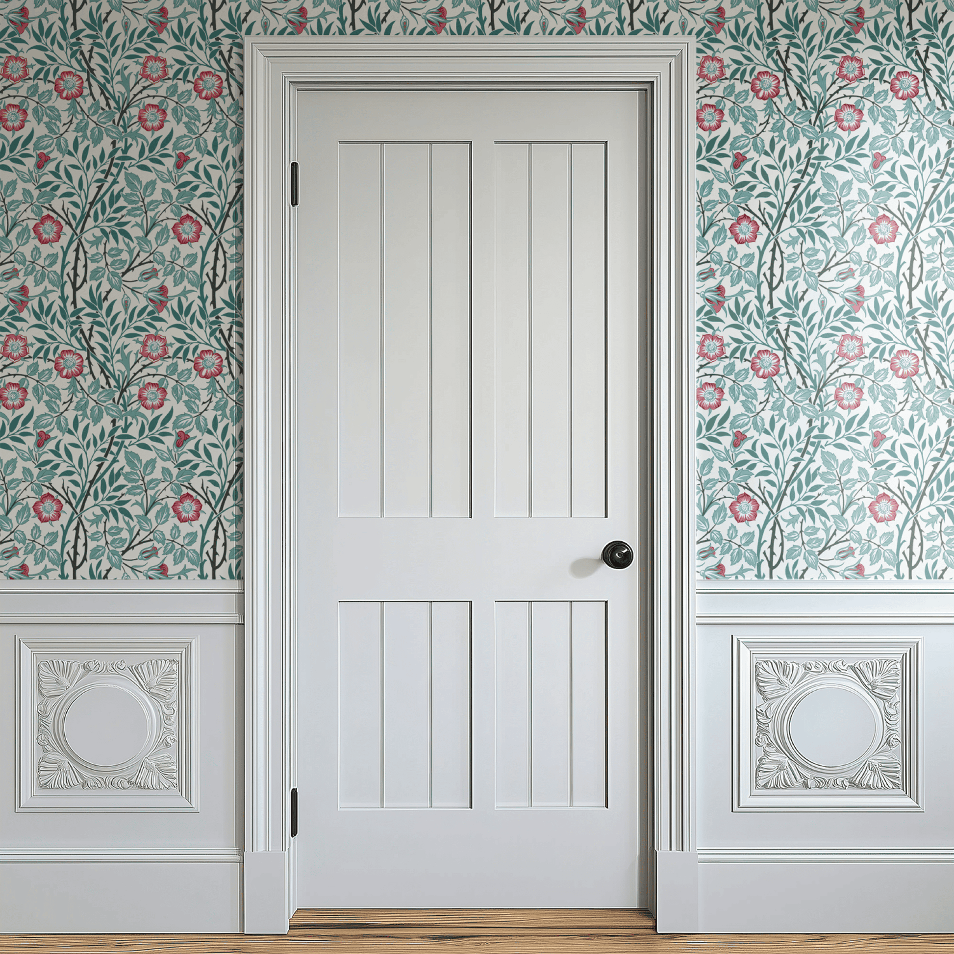 Red Floral Wallpaper tile preview with the sweet briar pattern laid out across panels in warm light Victorian Morris handling