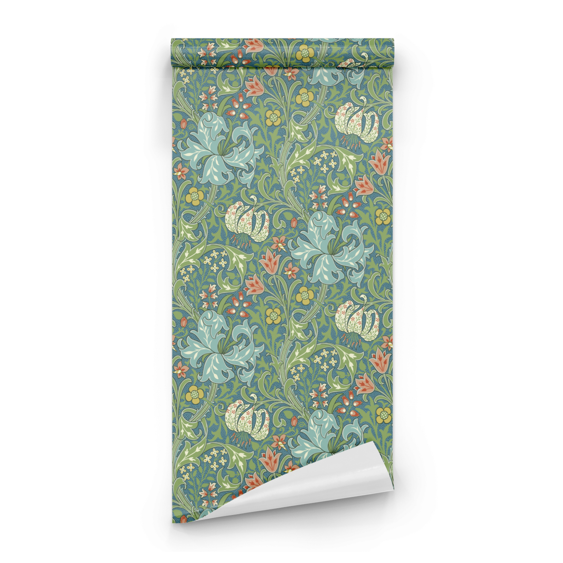 Green Floral Wallpaper roll preview showing the lily drawing in close teal Victorian Morris and Co detail