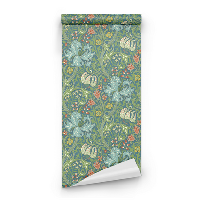 Green Floral Wallpaper roll preview showing the lily drawing in close teal Victorian Morris and Co detail