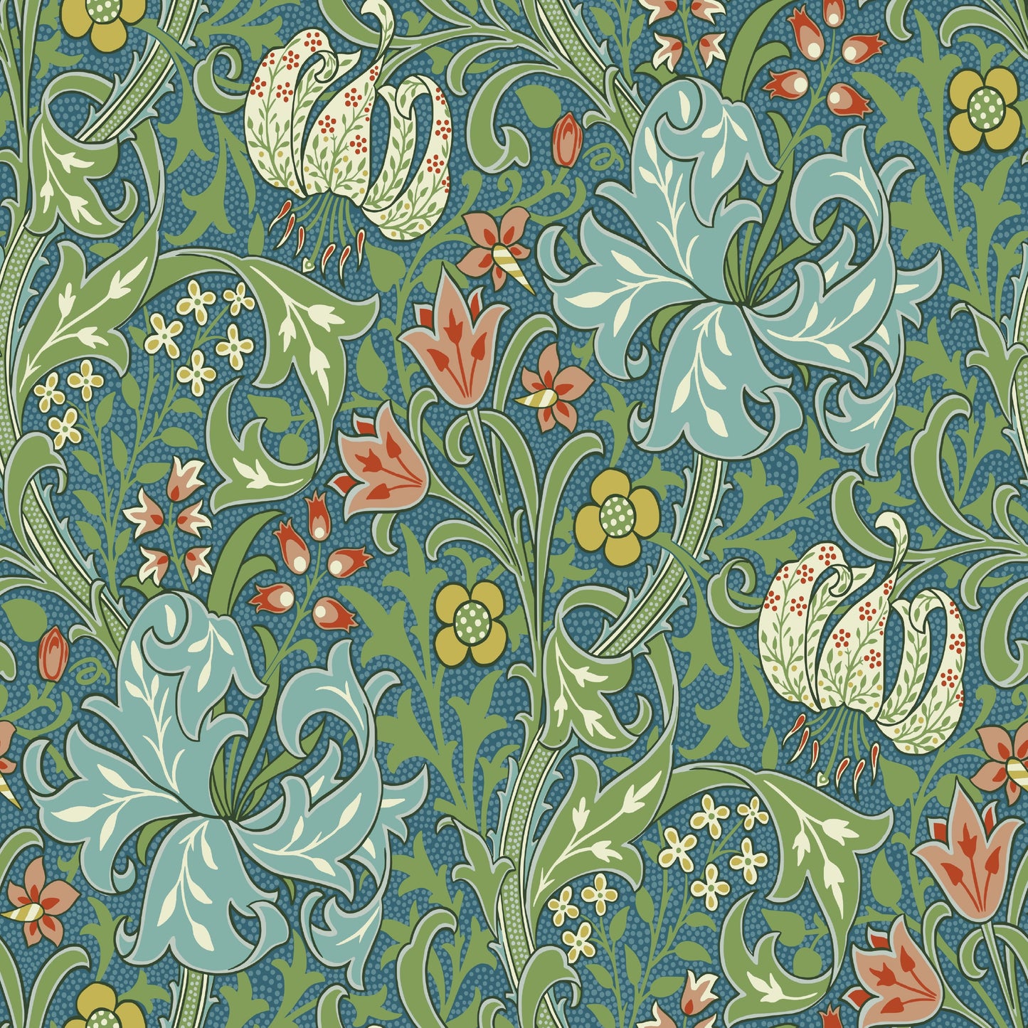 Green Floral Wallpaper tile preview with the lily pattern laid out across panels in teal Morris and Co handling