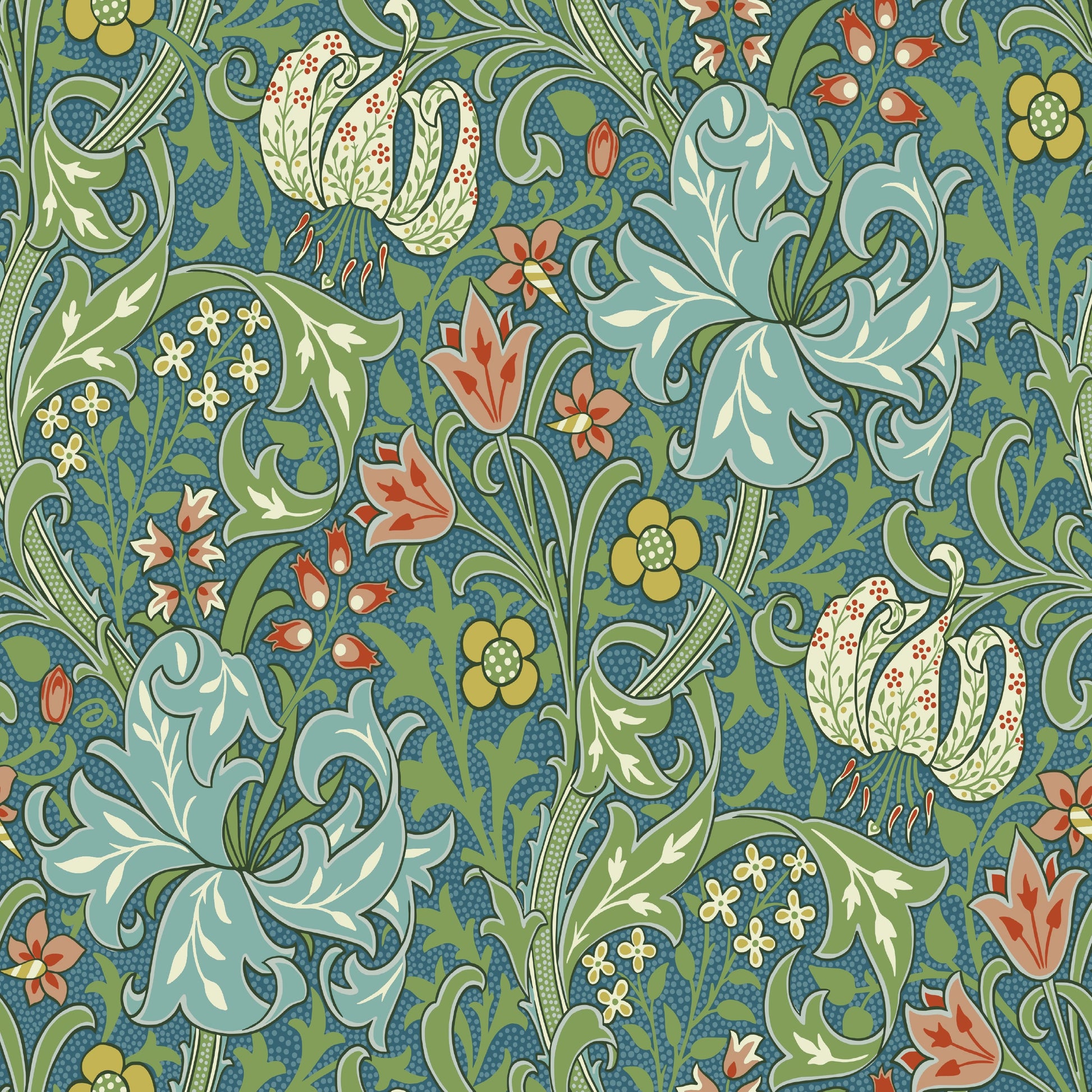 Green Floral Wallpaper tile preview with the lily pattern laid out across panels in teal Morris and Co handling