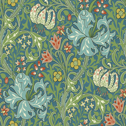 Green Floral Wallpaper tile preview with the lily pattern laid out across panels in teal Morris and Co handling