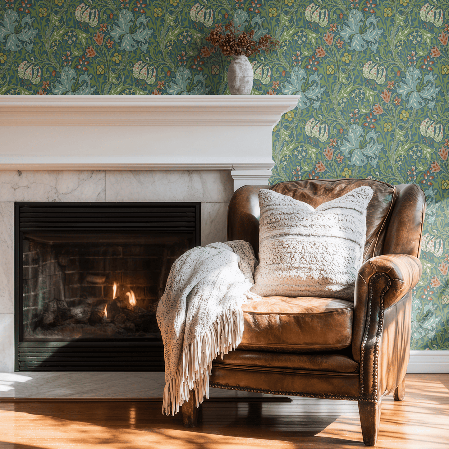 Green Floral Wallpaper shown in a second interior with the teal Golden Lily reading as decoratively rich formal Morris decoration