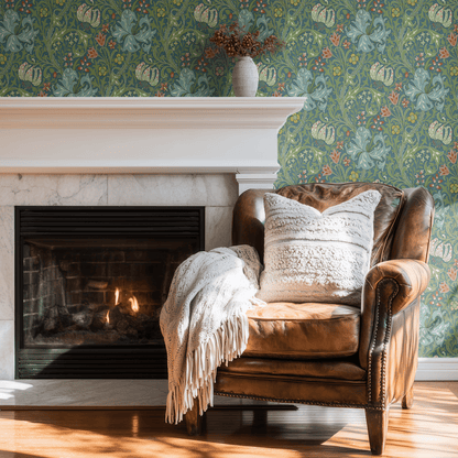 Green Floral Wallpaper shown in a second interior with the teal Golden Lily reading as decoratively rich formal Morris decoration