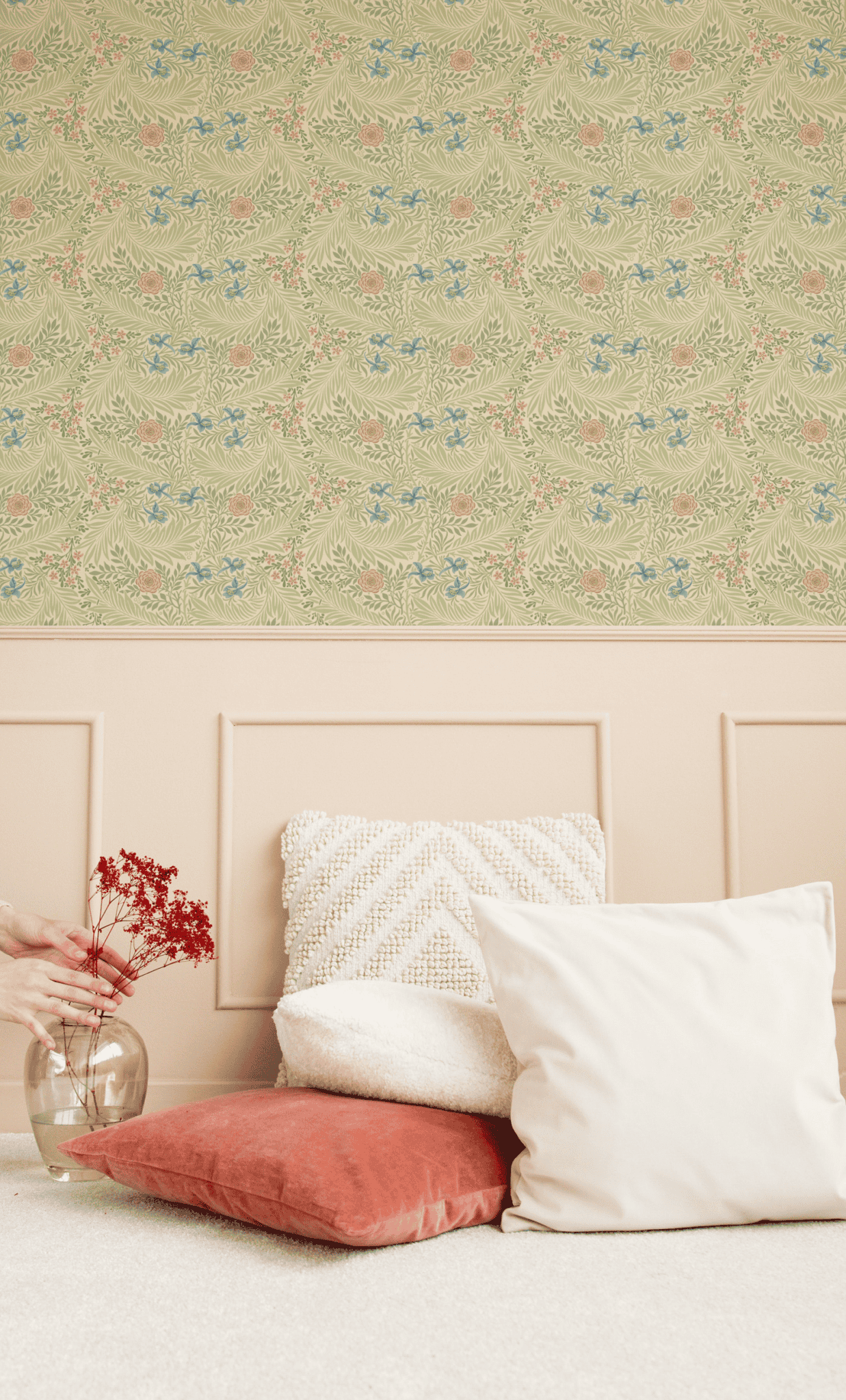 Green Floral Wallpaper installed on a room wall with the 1872 Morris larkspur design in heritage green