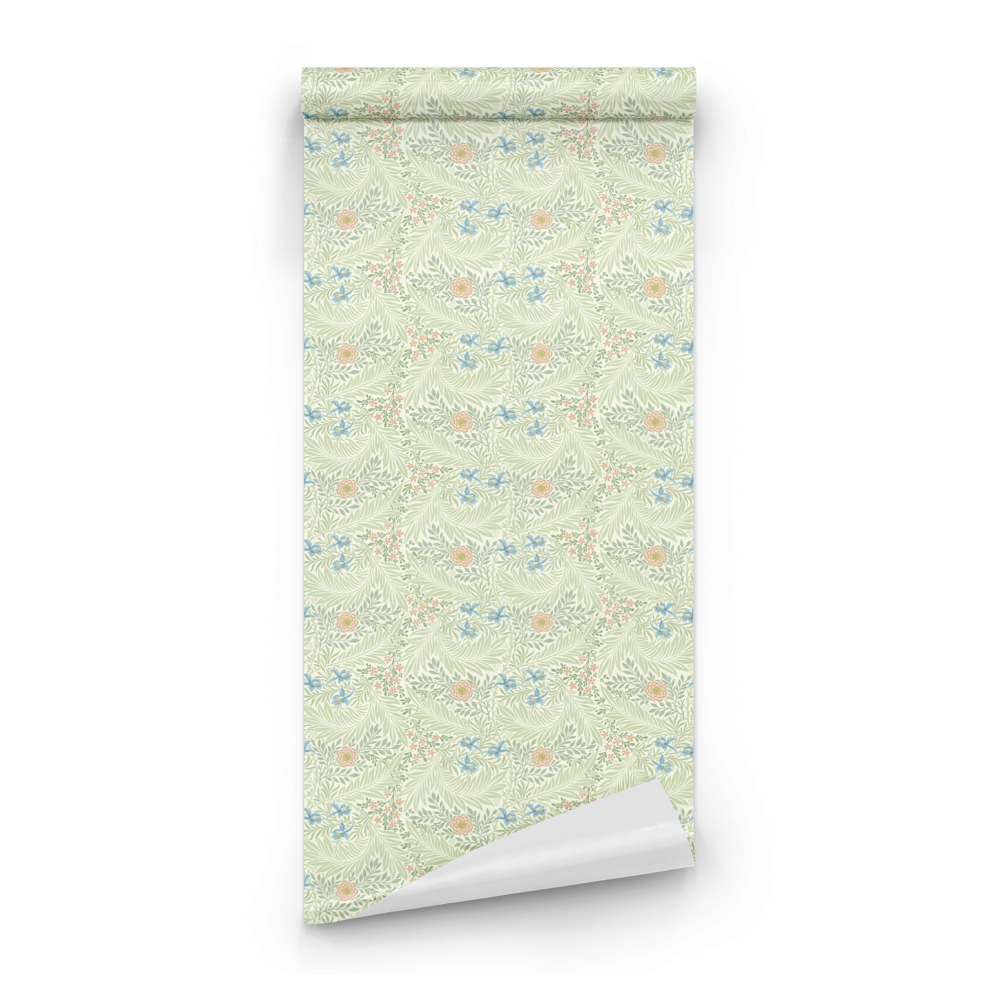 Green Floral Wallpaper roll preview showing the larkspur drawing in close heritage green Morris detail