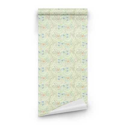 Green Floral Wallpaper roll preview showing the larkspur drawing in close heritage green Morris detail