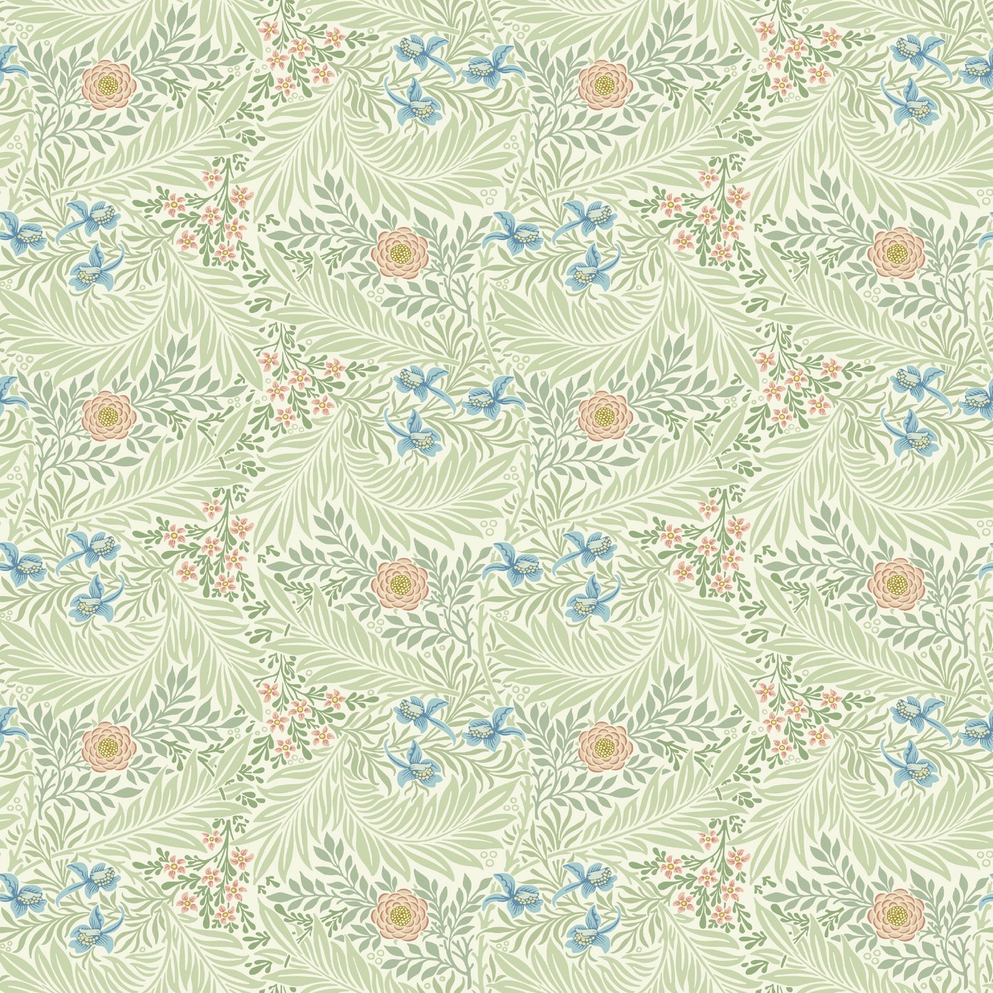 Green Floral Wallpaper tile preview with the larkspur pattern laid out across panels in heritage green Morris handling