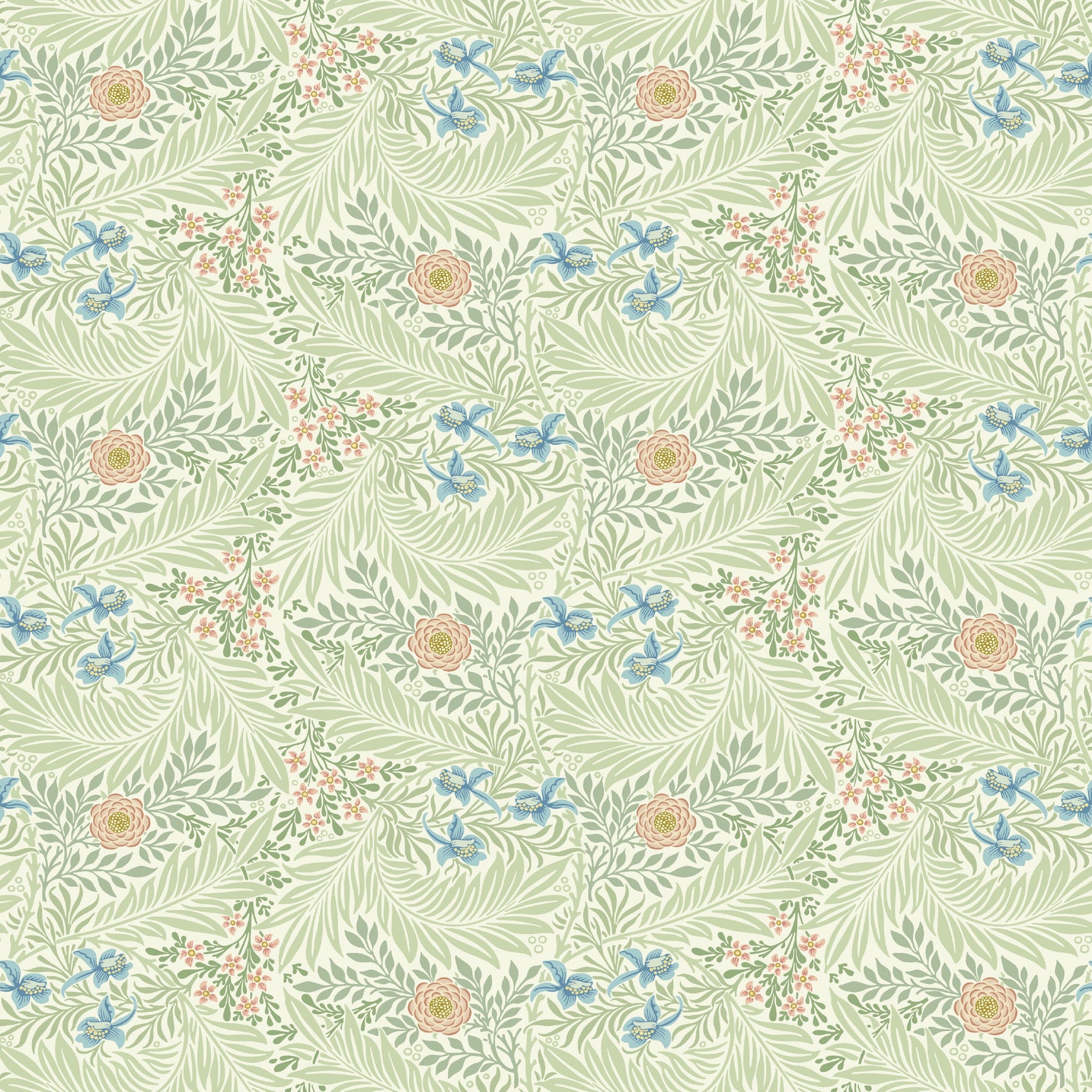 Green Floral Wallpaper tile preview with the larkspur pattern laid out across panels in heritage green Morris handling