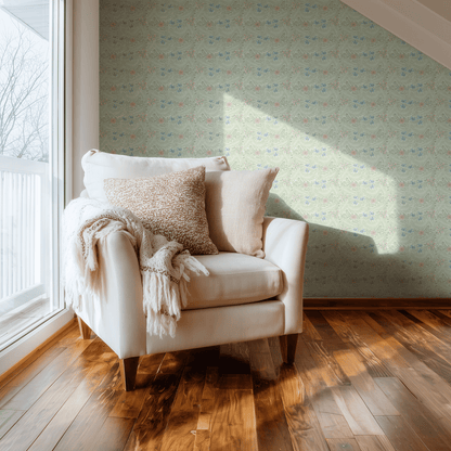 Green Floral Wallpaper shown in a second interior with the green larkspur reading as quietly traditional Morris decoration