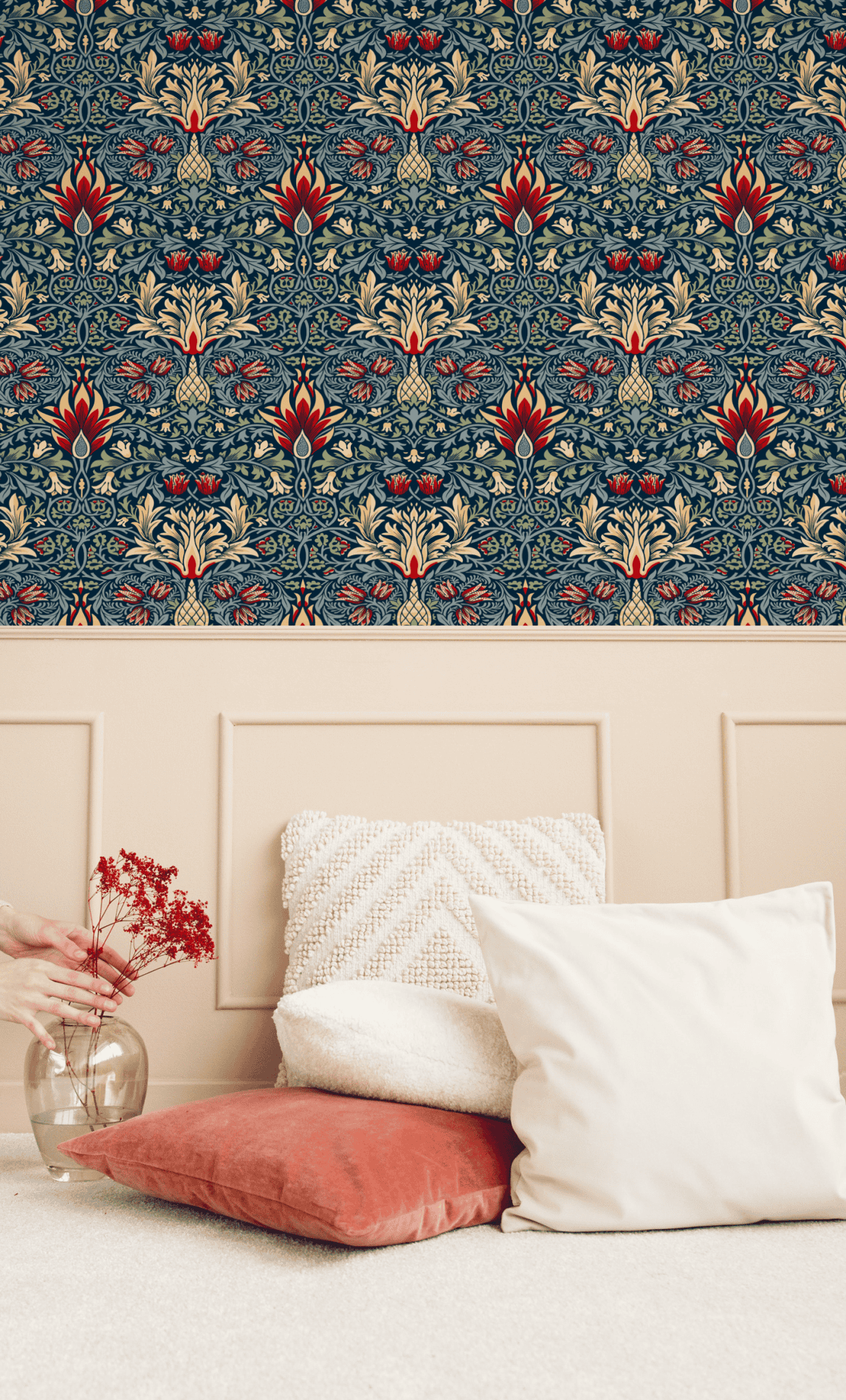 Blue Floral Wallpaper installed in a room interior with the 1876 Morris snakeshead fritillary design in damask blue Victorian palette
