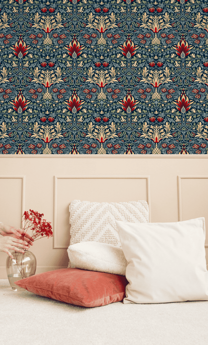 Blue Floral Wallpaper installed in a room interior with the 1876 Morris snakeshead fritillary design in damask blue Victorian palette
