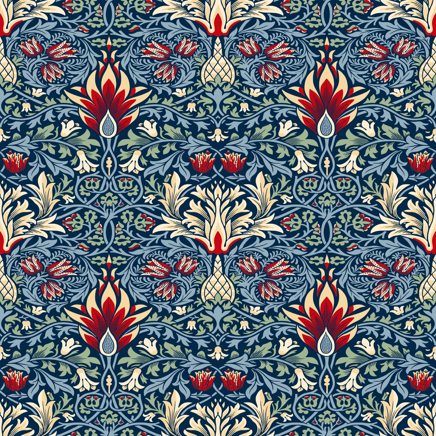 Blue Floral Wallpaper roll close-up showing the snakeshead fritillary drawing in close damask blue Victorian Morris detail