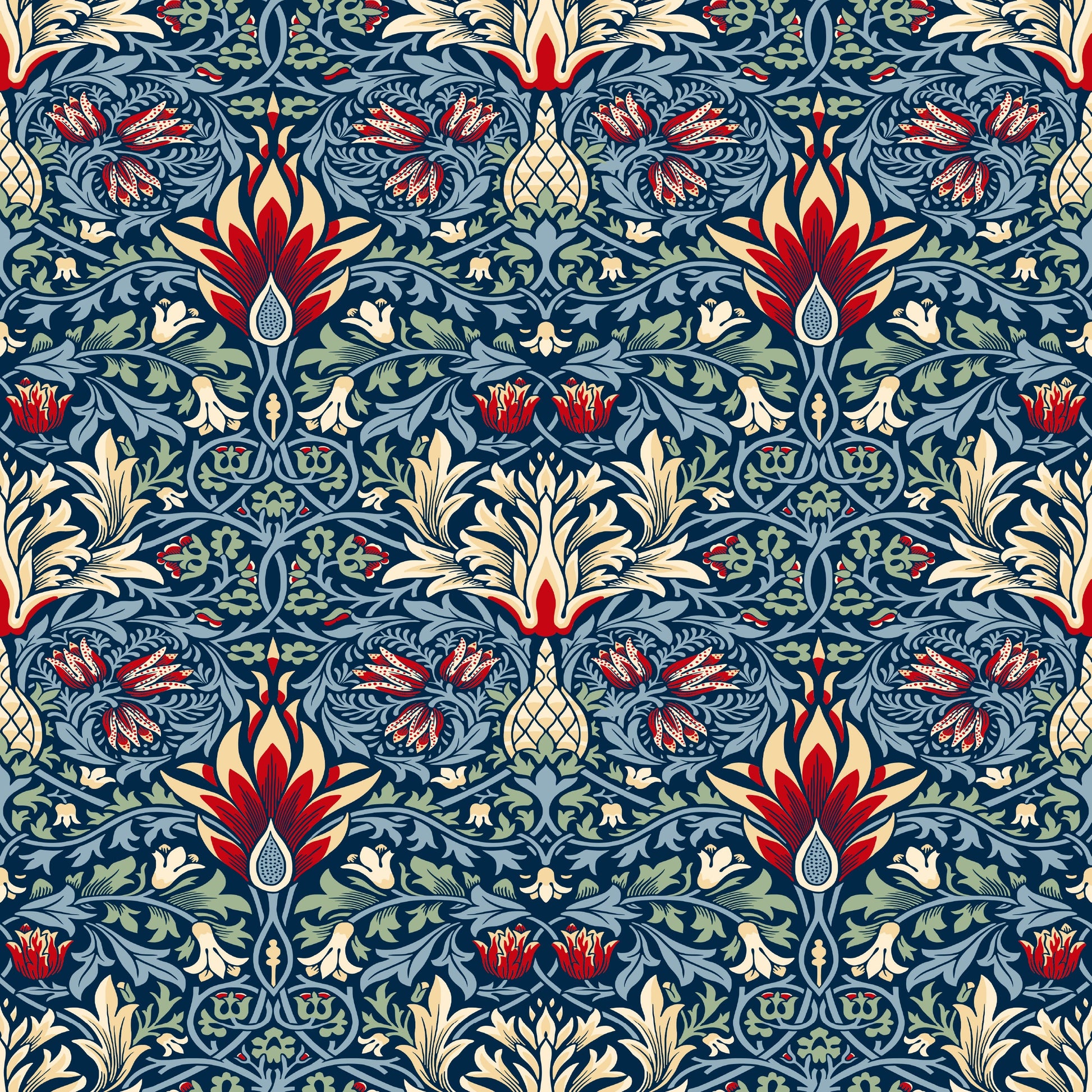 Blue Floral Wallpaper roll close-up showing the snakeshead fritillary drawing in close damask blue Victorian Morris detail