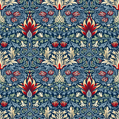 Blue Floral Wallpaper roll close-up showing the snakeshead fritillary drawing in close damask blue Victorian Morris detail
