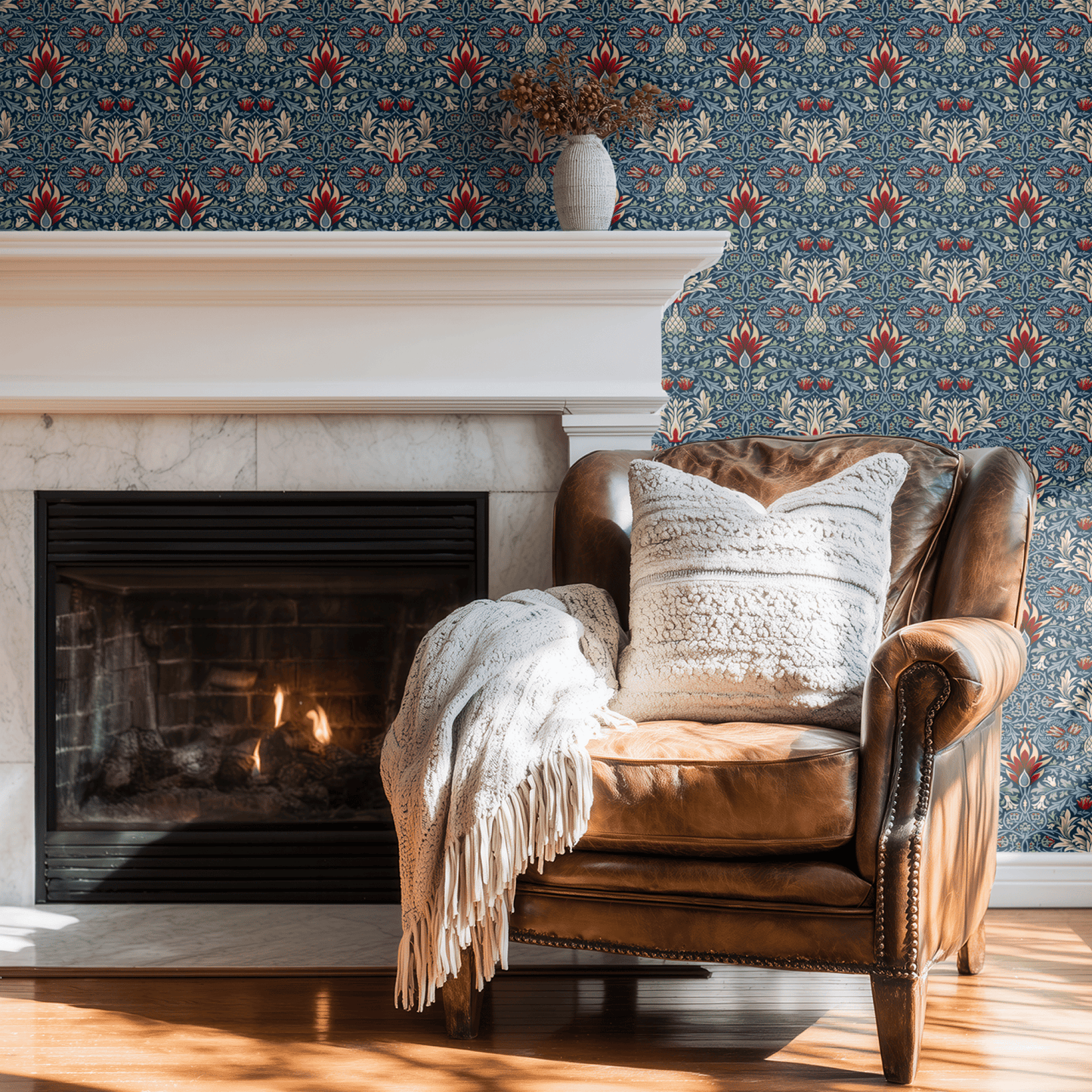 Blue Floral Wallpaper tile preview with the snakeshead pattern laid out across panels in damask blue Victorian Morris handling