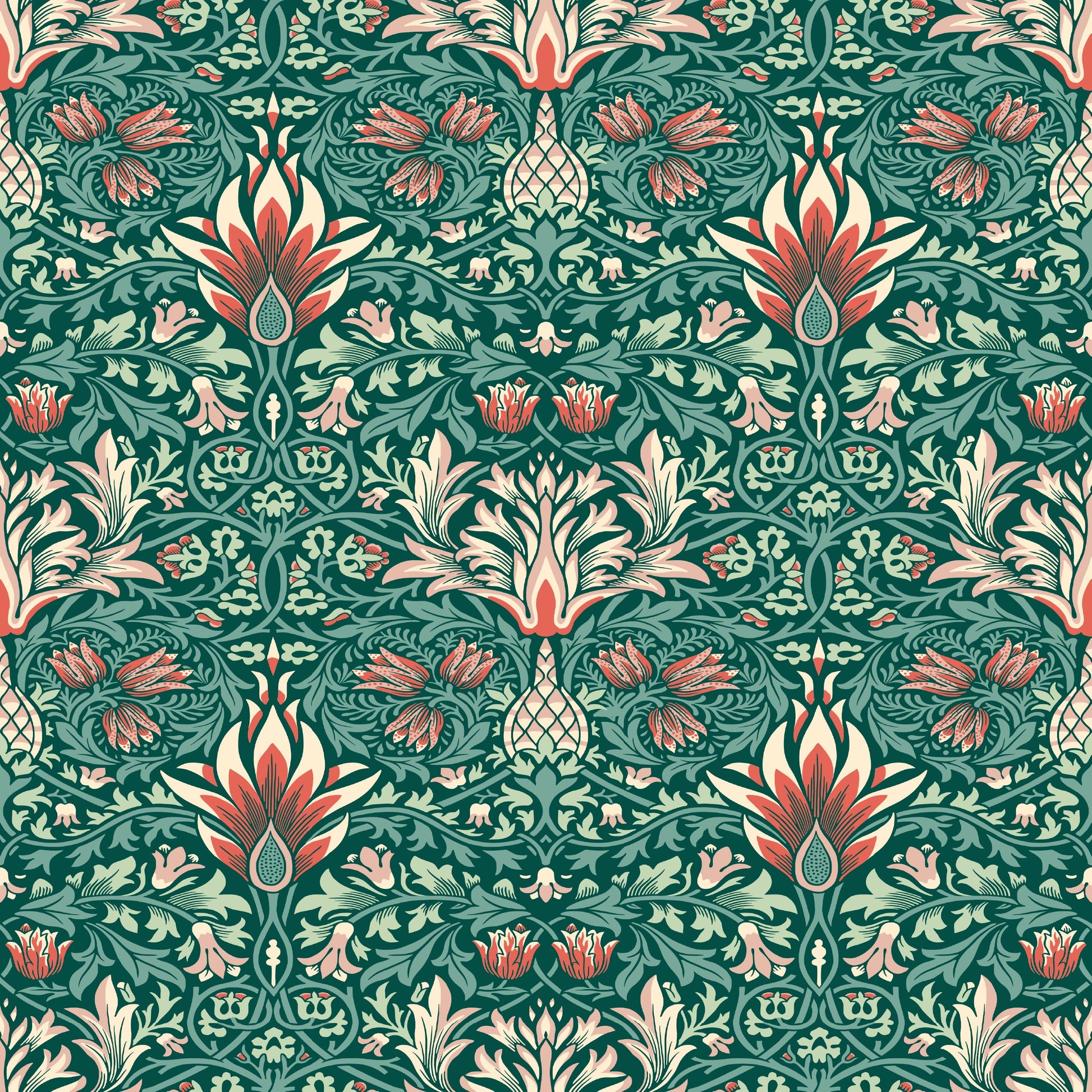 Green Floral Wallpaper tile preview with the snakeshead pattern laid out across panels in damask green Victorian Morris handling