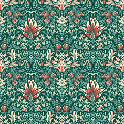 Green Floral Wallpaper tile preview with the snakeshead pattern laid out across panels in damask green Victorian Morris handling