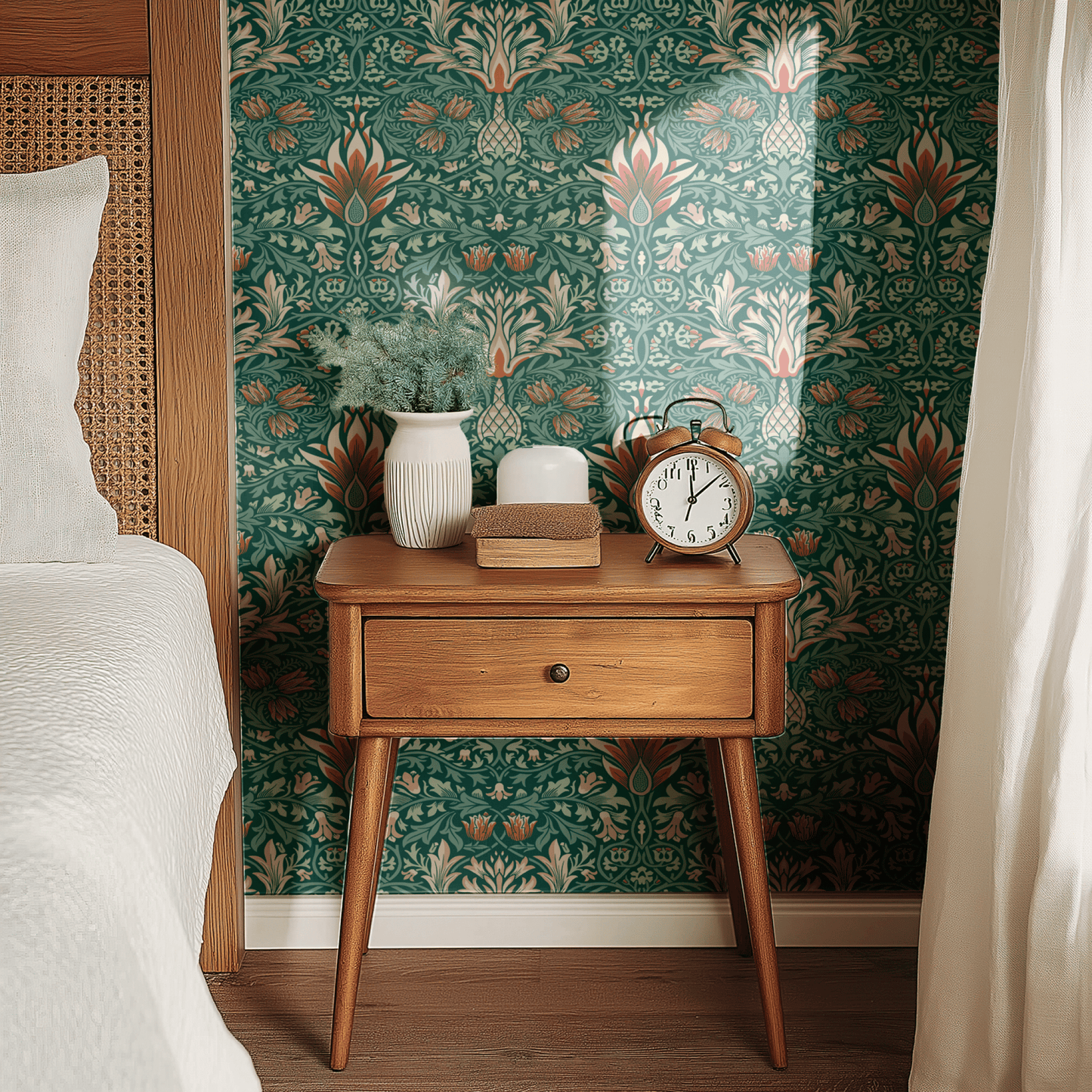 Green Floral Wallpaper installed on a room wall with the 1876 Morris snakeshead fritillary design in damask green Victorian palette