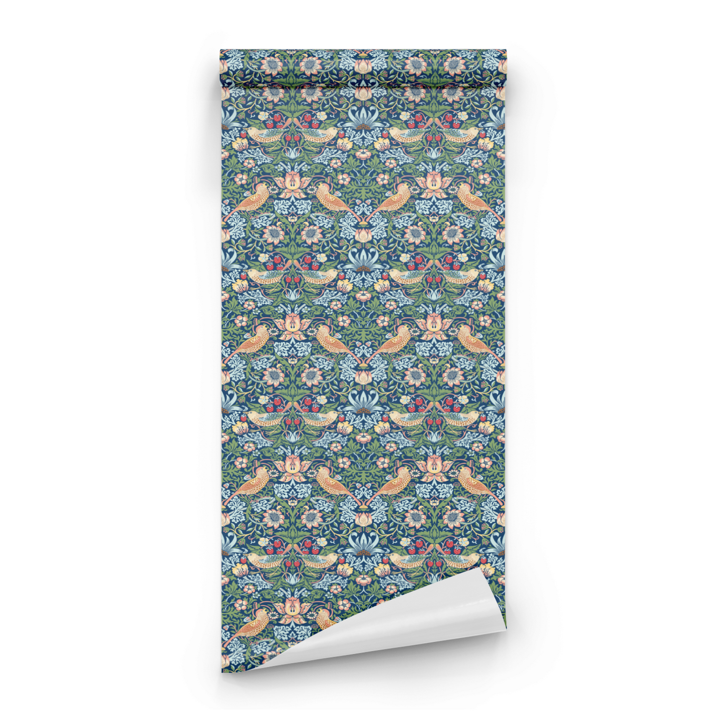 Blue Bird Pattern Wallpaper roll close-up showing the thrushes-and-strawberries drawing in close indigo blue Morris detail