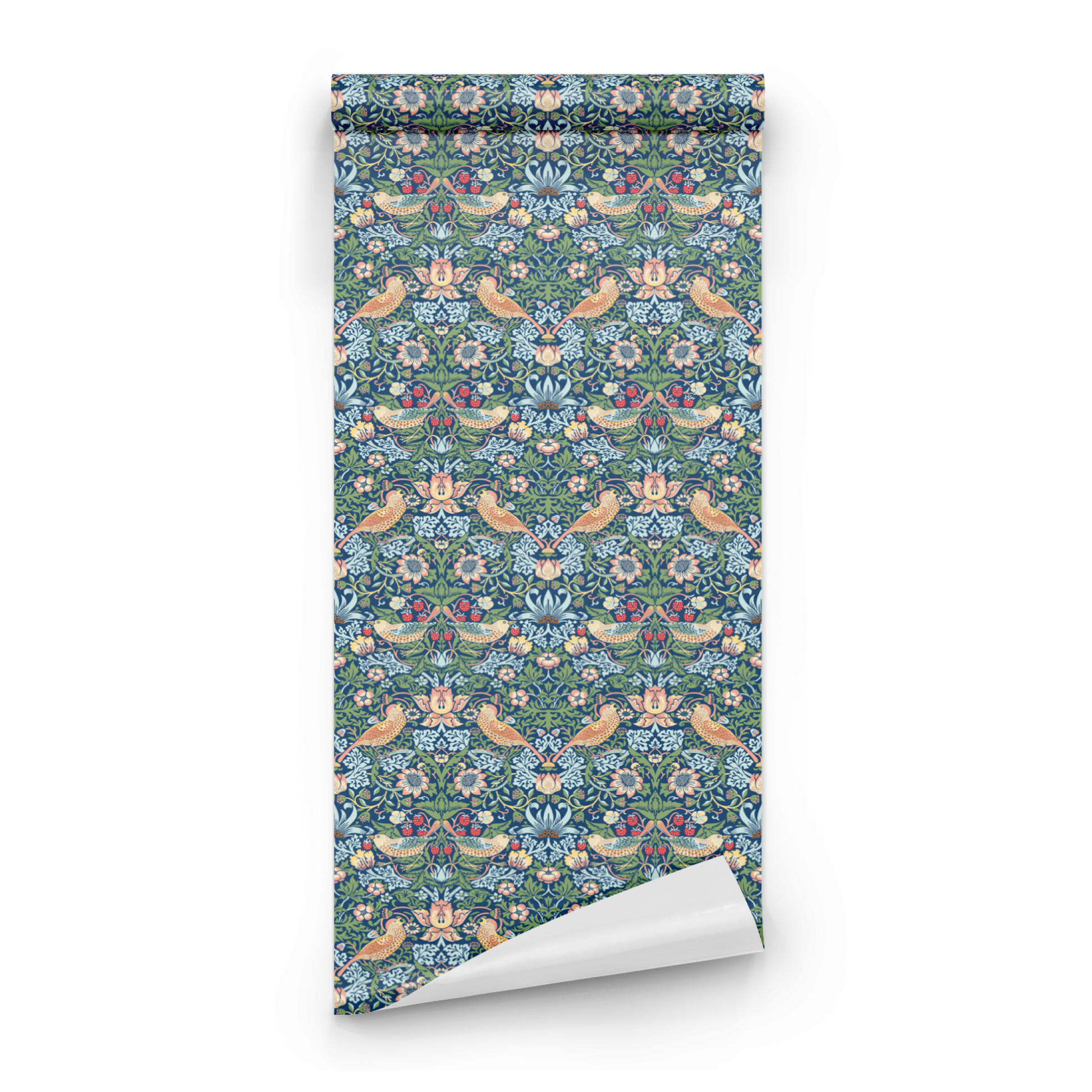 Blue Bird Pattern Wallpaper roll close-up showing the thrushes-and-strawberries drawing in close indigo blue Morris detail