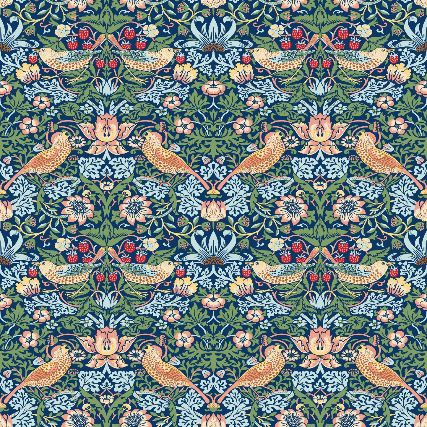 Blue Bird Pattern Wallpaper tile preview with the thrush-and-strawberry pattern laid out across panels in indigo blue Morris handling