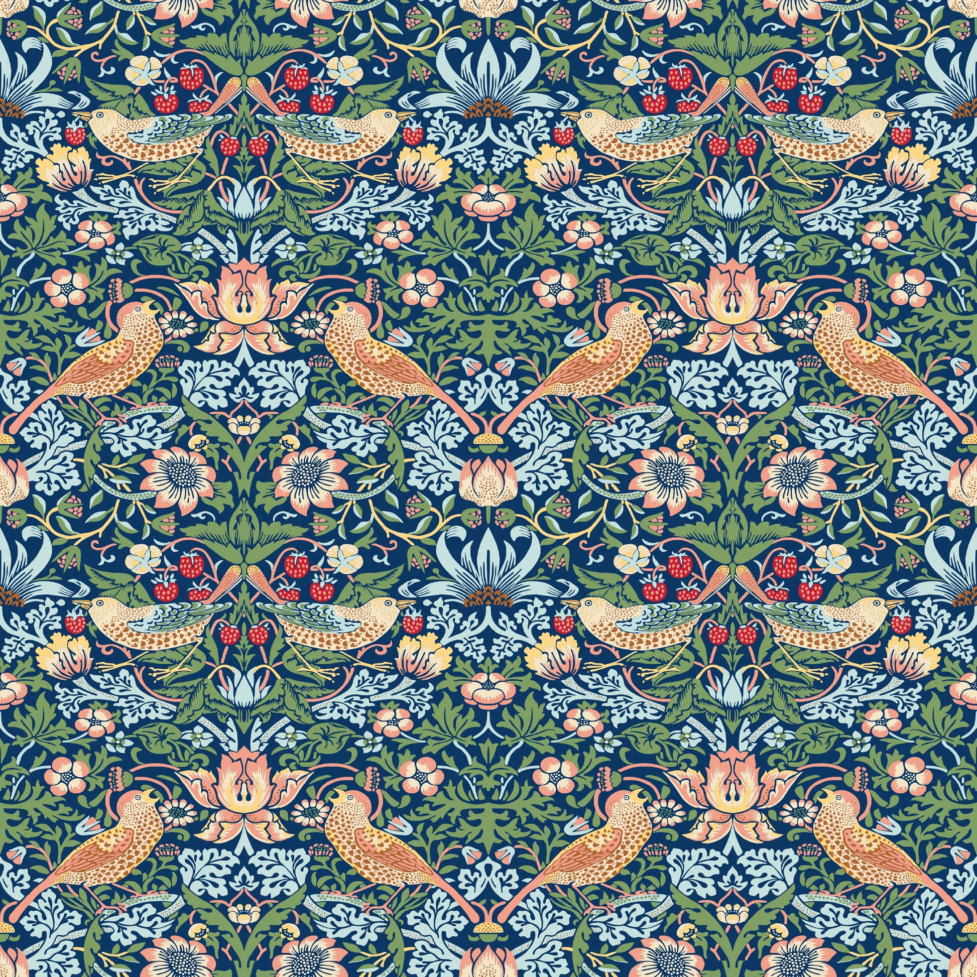 Blue Bird Pattern Wallpaper tile preview with the thrush-and-strawberry pattern laid out across panels in indigo blue Morris handling