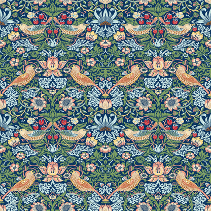 Blue Bird Pattern Wallpaper tile preview with the thrush-and-strawberry pattern laid out across panels in indigo blue Morris handling