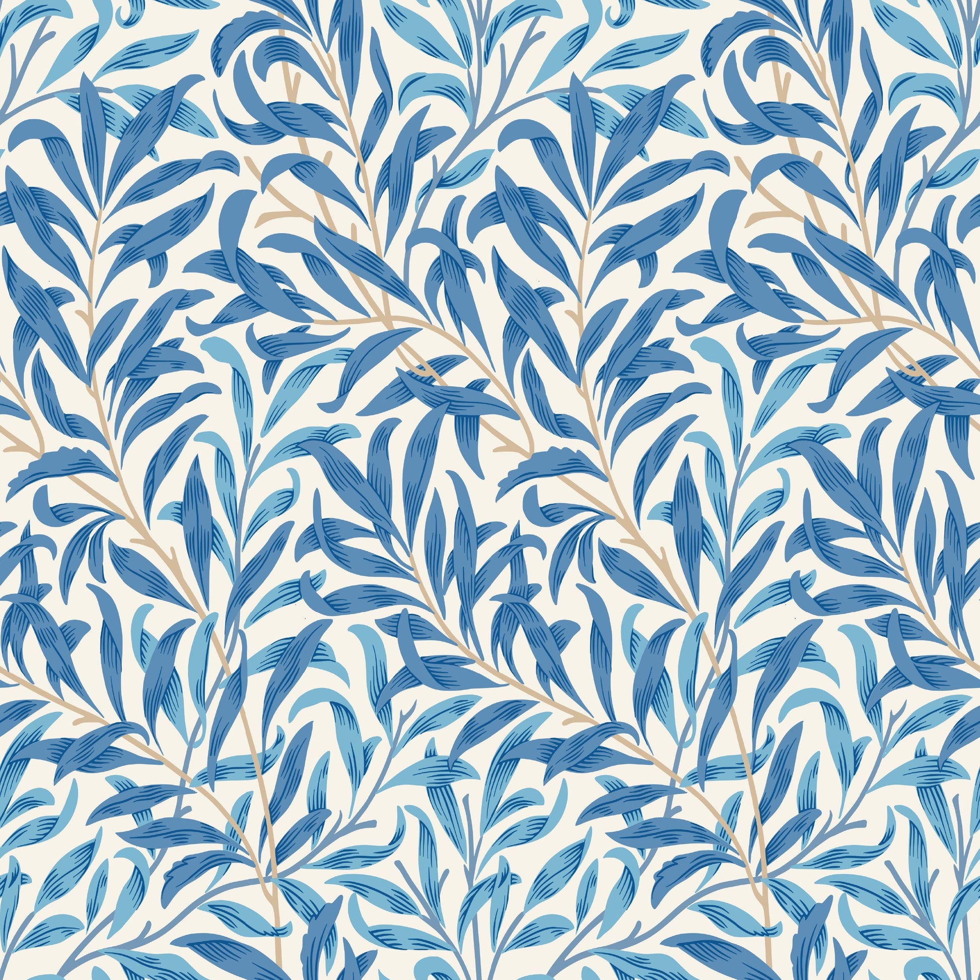 Blue Botanical Wallpaper tile preview with the willow leaf pattern laid out across panels in soft blue Morris handling
