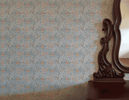 Blue Floral Wallpaper roll close-up showing the larkspur drawing in close deep indigo blue Morris detail