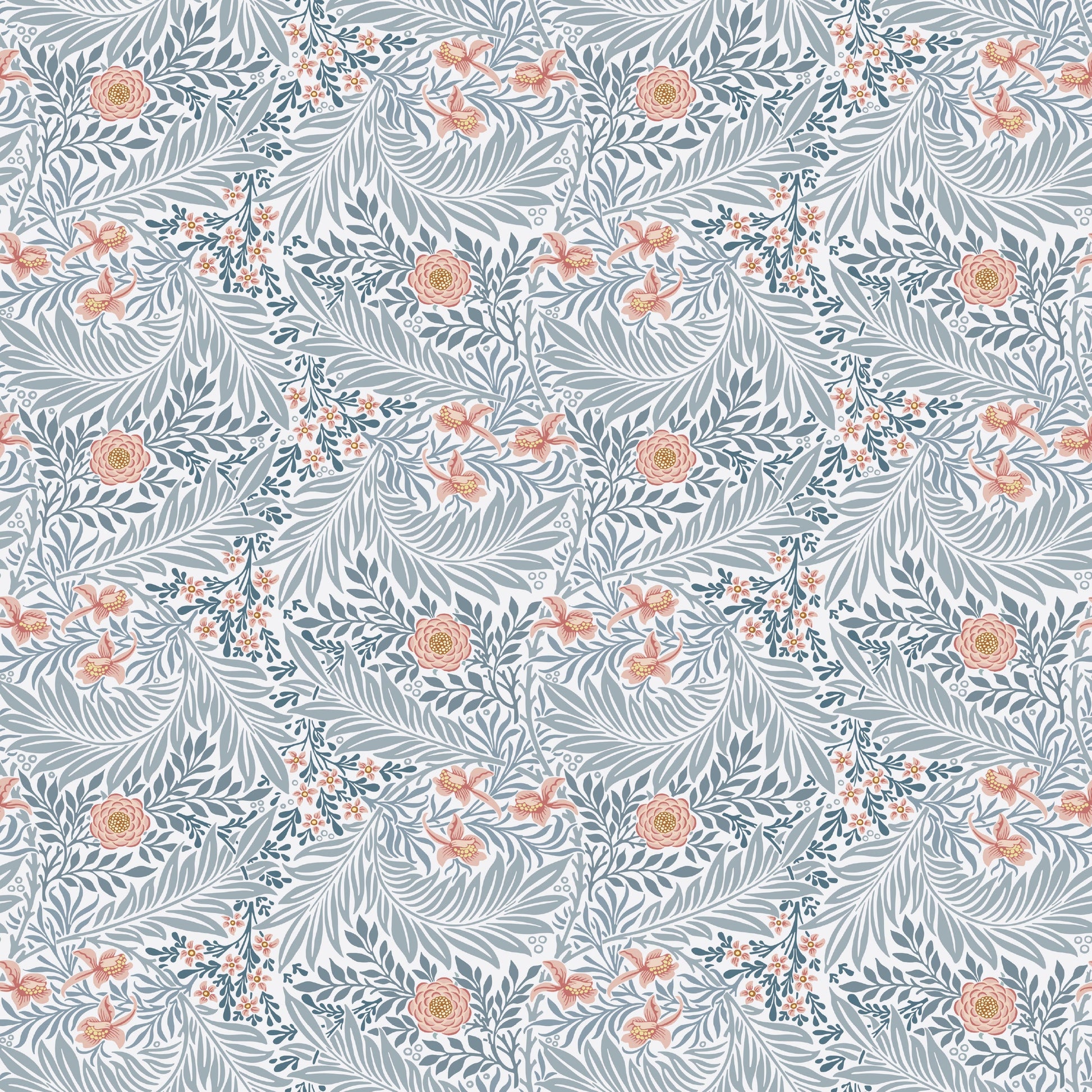 Blue Floral Wallpaper shown in a second room with the indigo larkspur reading as quietly traditional Morris decoration