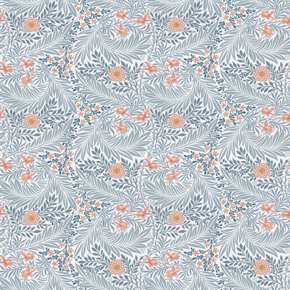 Blue Floral Wallpaper shown in a second room with the indigo larkspur reading as quietly traditional Morris decoration