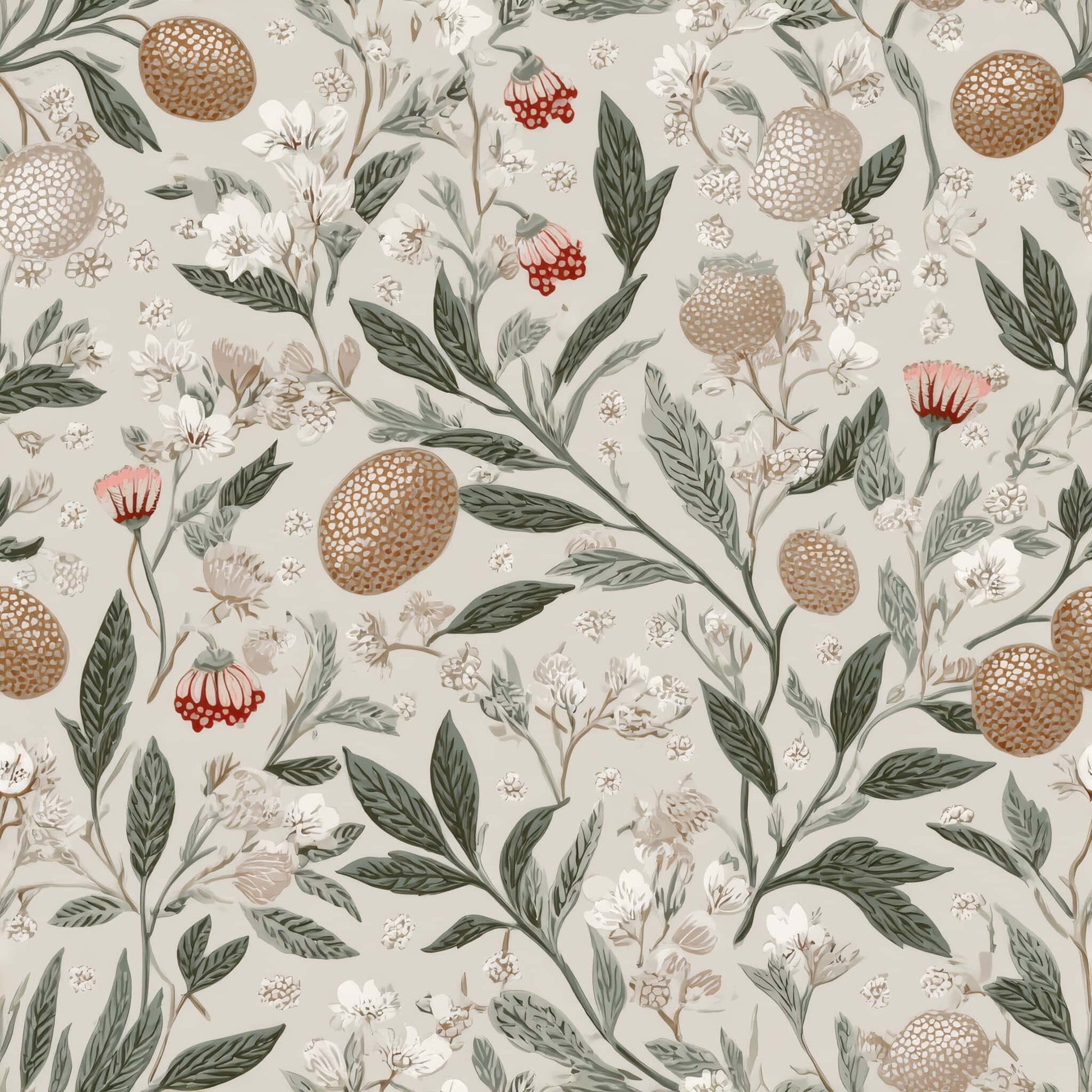 Floral and leaf pattern wallpaper with earthy tones and intricate details.