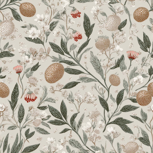 Floral and leaf pattern wallpaper with earthy tones and intricate details.