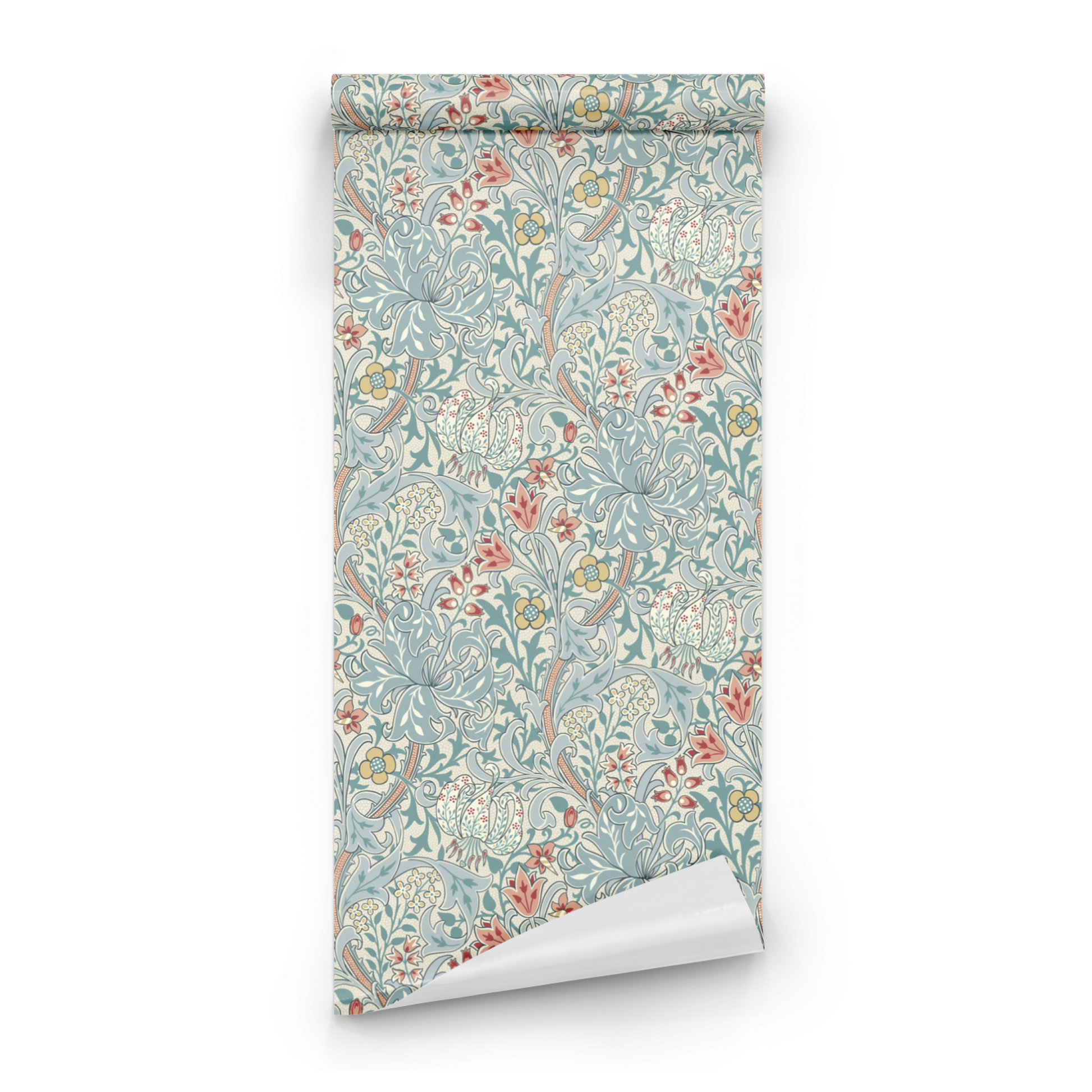 Green Floral Wallpaper roll close-up showing the lily drawing in close heritage green Morris and Co detail