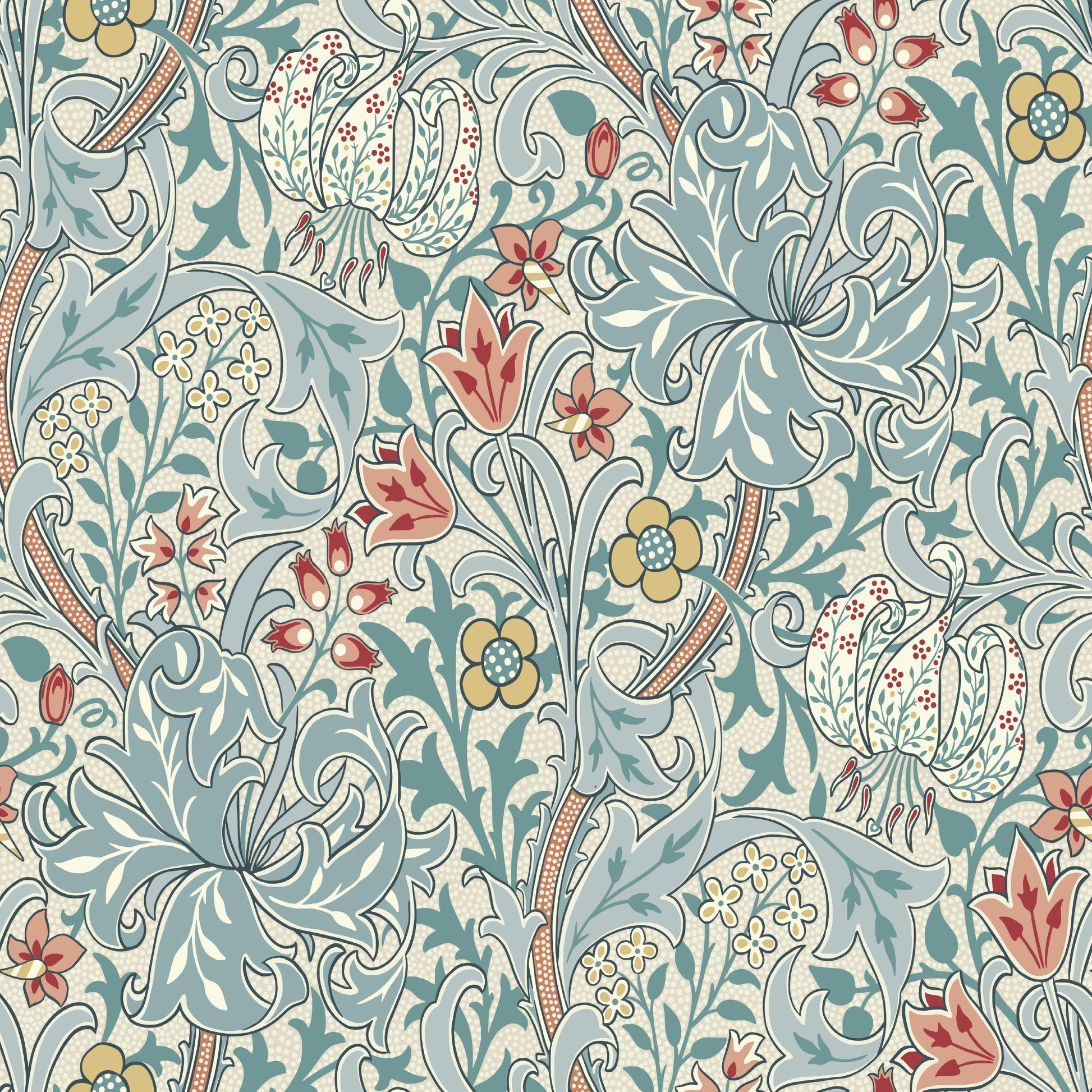 Green Floral Wallpaper tile preview with the lily pattern laid out across panels in heritage green Morris and Co handling